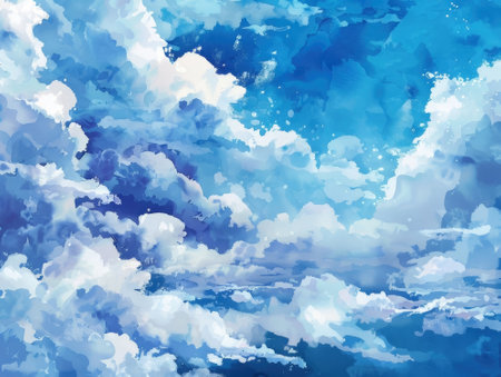 Watercolor background with blue sky and white clouds. Vector illustration.の素材