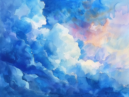 Abstract watercolor background with blue sky and clouds. Hand-drawn illustration.の素材