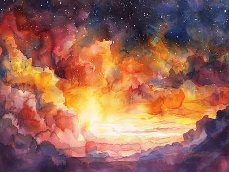 Abstract watercolor background with sky and stars. Digital art painting.の素材
