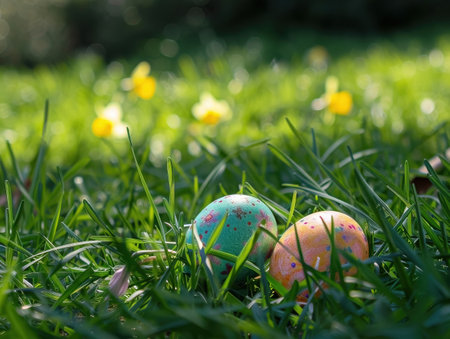 Colorful easter eggs on green grass with daffodilsの素材