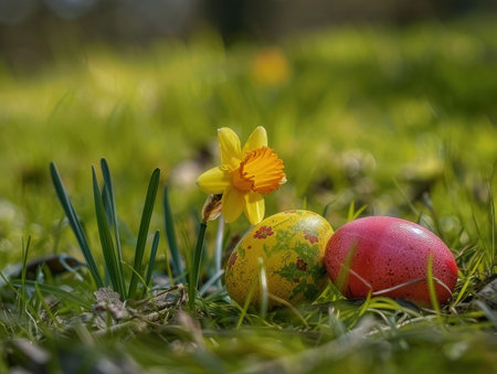 Easter eggs and daffodil on green grass in springの素材