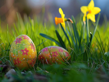 Colorful easter eggs on green grass with daffodilsの素材