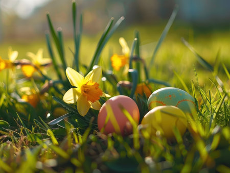 Easter eggs and daffodils on green grass in sunlightの素材