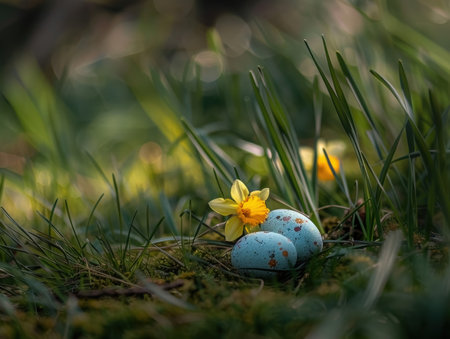 Easter eggs with yellow daffodils in the grass.の素材