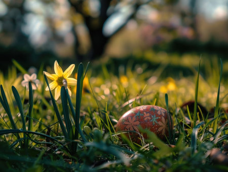Easter egg and daffodils on green grass in spring timeの素材