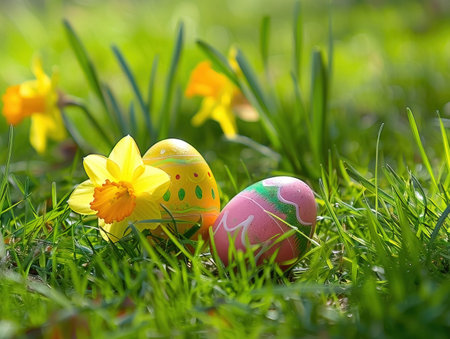 Easter eggs and daffodils on green grass. Selective focus.の素材