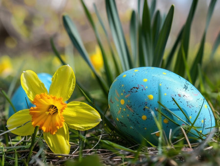 Easter eggs and daffodils on green grass in springの素材