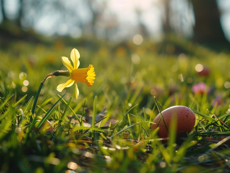 Easter egg and daffodil on green grass in sunlightの素材
