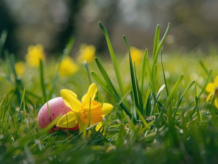 Easter egg in the grass with daffodils, springtimeの素材
