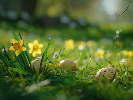 Easter eggs in the grass with daffodils and narcissusの素材