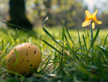 Easter egg in the grass with daffodil on the backgroundの素材