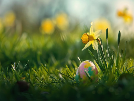 Yellow daffodils and easter egg in the green grassの素材