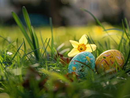 Easter eggs on green grass with daffodils, shallow dofの素材