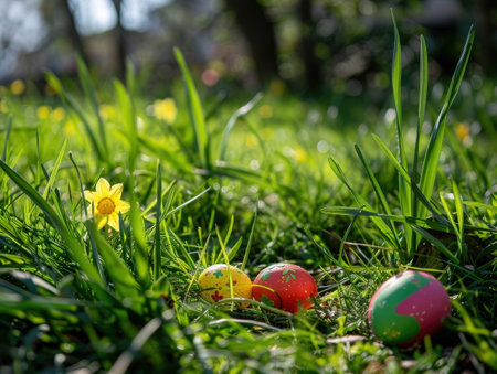 Colorful easter eggs in the grass with daffodilsの素材