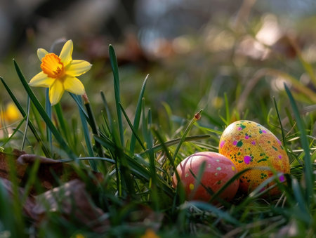 Easter eggs and daffodils on green grass in springの素材