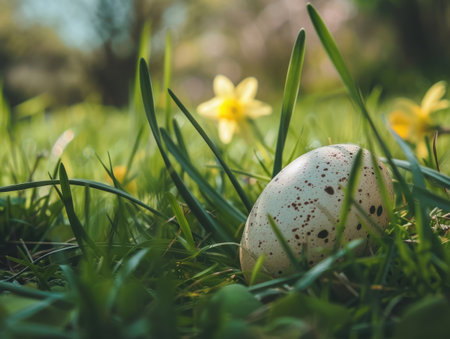 Quail egg in the grass with yellow daffodils in the backgroundの素材