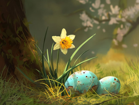Easter eggs in the grass with daffodils and spring flowersの素材