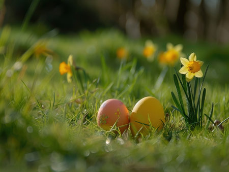 Easter eggs in grass with daffodils in the backgroundの素材