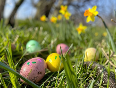 Colorful easter eggs in the grass with daffodilsの素材