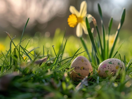 Easter eggs on green grass with daffodils in the backgroundの素材