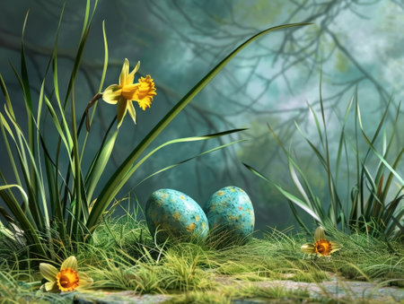 Easter eggs in the grass with daffodils. 3d renderの素材