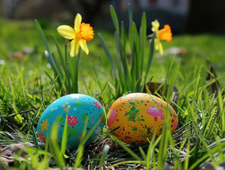 Easter eggs in the grass with daffodils on the backgroundの素材