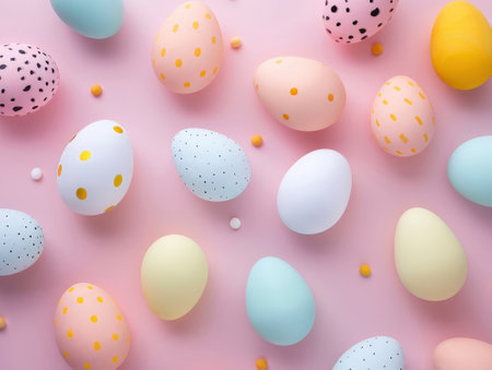 Colorful Easter eggs on pastel pink background. Top view.の素材