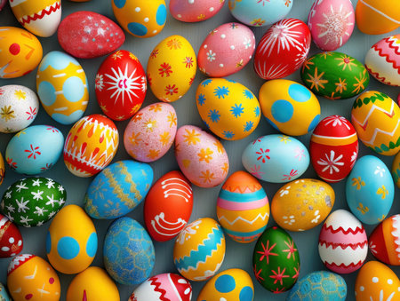 3d render of colorful easter eggs on blue background with copy spaceの素材