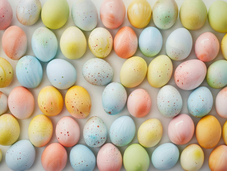 Colorful Easter eggs on white background. Top view, flat lay.の素材