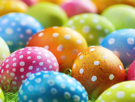 Colorful easter eggs in green grass, close-up.の素材