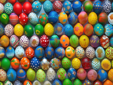 Colorful painted easter eggs as background, closeup of photoの素材