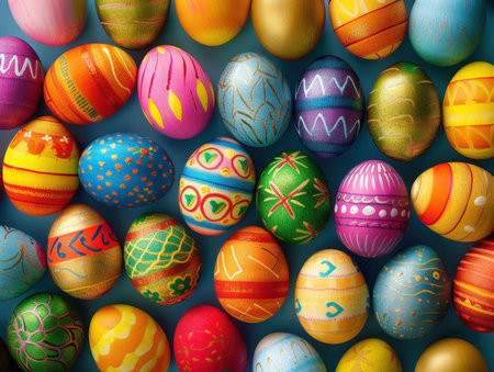 Colorful painted easter eggs on blue background. Happy Easter!の素材