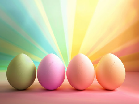 Three easter eggs on a colorful background with a rainbow effect.の素材