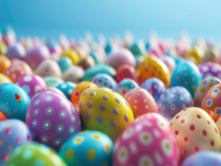 Colorful easter eggs on blue background. Happy easter!の素材