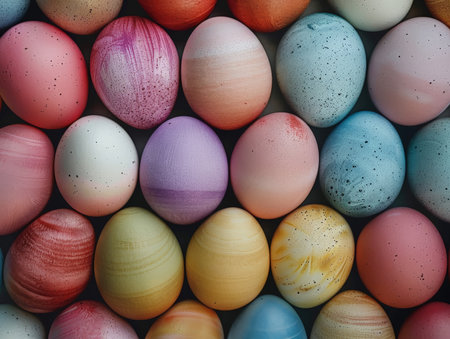 Colorful easter eggs background. Top view with copy space.の素材
