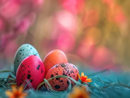 Colorful easter eggs on green grass with flowers on bokeh backgroundの素材