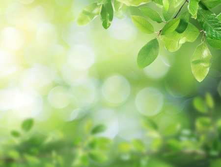 Fresh green leaves on blurred background with bokeh and sunlight.の素材