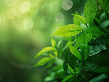 Green leaves with bokeh light background. Nature and environment concept.の素材