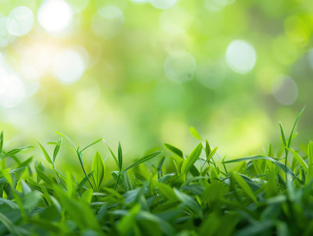 Close up view of fresh green grass with bokeh background.の素材