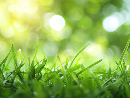 Green grass background with sunlight and bokeh. Close up.の素材