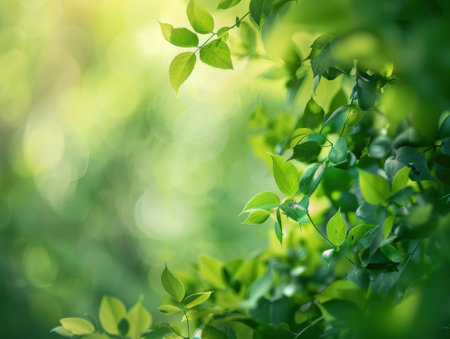 Close up of green leaves on blurred greenery background with bokehの素材