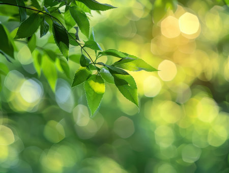 green leaves background in sunny day with bokeh and sun raysの素材