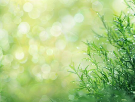 green background with bokeh defocused lights and rosemary leavesの素材