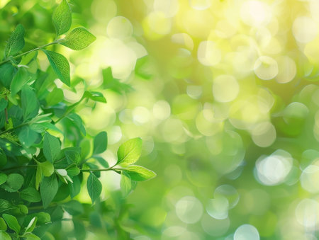 Green leaves on blurred nature background with bokeh and copy spaceの素材