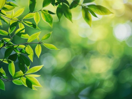 green leaves background in sunny day with bokeh and copy spaceの素材