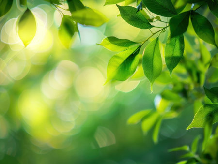 green leaves background in sunny day with bokeh and copy spaceの素材