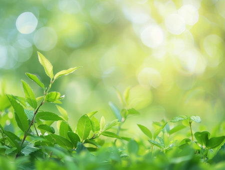 Green leaves on blurred greenery background with bokeh light.の素材