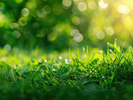 Green grass with sunlight bokeh background. Natural green background.の素材