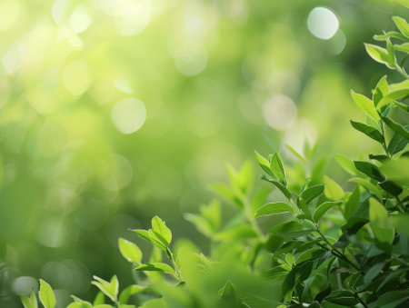 Green leaves background with bokeh defocused lights, Nature backgroundの素材