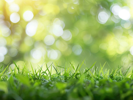 Green grass with sunlight bokeh background. Natural green background.の素材